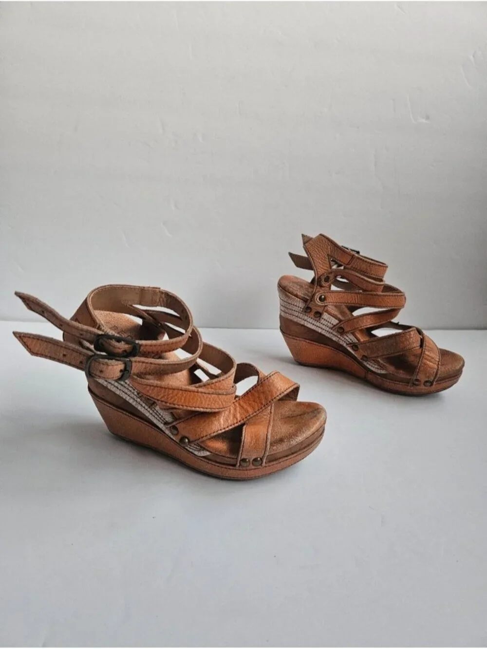 Bed Stu Distressed Orange Leather Strappy Juliana Wedge Sandals